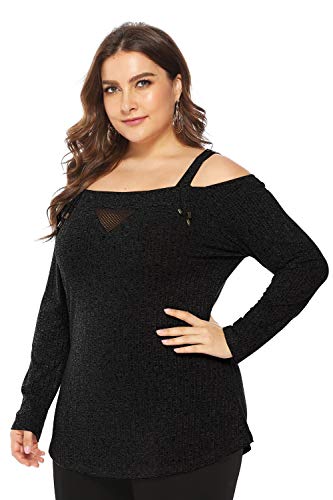 Chuangminghangqi. Camiseta de mujer de manga larga, tallas grandes y hombros al descubierto, elegante y de punto Negro L
