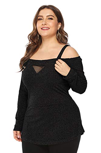 Chuangminghangqi. Camiseta de mujer de manga larga, tallas grandes y hombros al descubierto, elegante y de punto Negro L