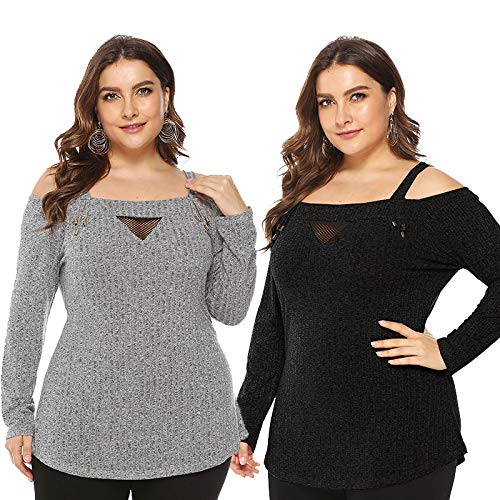 Chuangminghangqi. Camiseta de mujer de manga larga, tallas grandes y hombros al descubierto, elegante y de punto Negro L