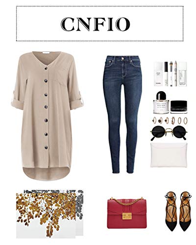 Cnfio - Blusa de verano para mujer, elegante, cuello de pico, manga larga, media manga, un solo color, diseño de camisa corta, minivestido de playa D-beige. L