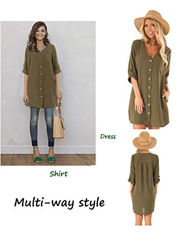 Cnfio - Blusa de verano para mujer, elegante, cuello de pico, manga larga, media manga, un solo color, diseño de camisa corta, minivestido de playa D-beige. L