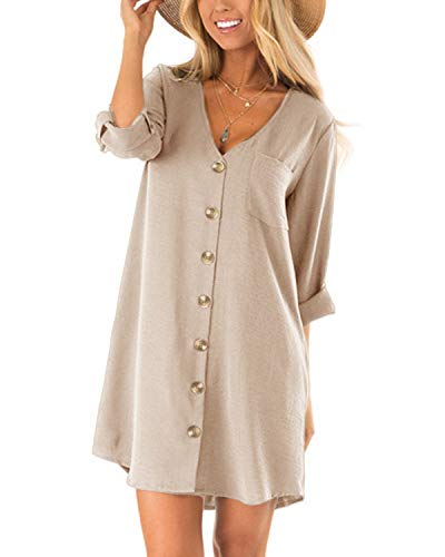 Cnfio - Blusa de verano para mujer, elegante, cuello de pico, manga larga, media manga, un solo color, diseño de camisa corta, minivestido de playa D-beige. L