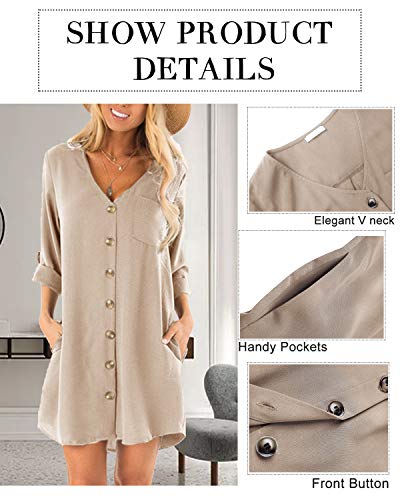 Cnfio - Blusa de verano para mujer, elegante, cuello de pico, manga larga, media manga, un solo color, diseño de camisa corta, minivestido de playa D-beige. L