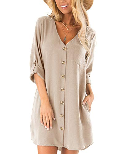 Cnfio - Blusa de verano para mujer, elegante, cuello de pico, manga larga, media manga, un solo color, diseño de camisa corta, minivestido de playa D-beige. L