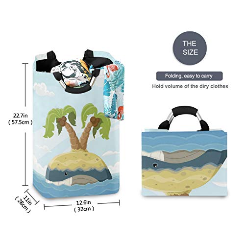 COFEIYISI Cesto para la Colada,Ballena de Dibujos Animados con Isla de Espaldas Palmeras Nubes Sala de Juegos para niños vivero,Plegable Cestas Bolsas Almacenamiento