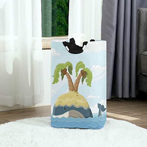COFEIYISI Cesto para la Colada,Ballena de Dibujos Animados con Isla de Espaldas Palmeras Nubes Sala de Juegos para niños vivero,Plegable Cestas Bolsas Almacenamiento