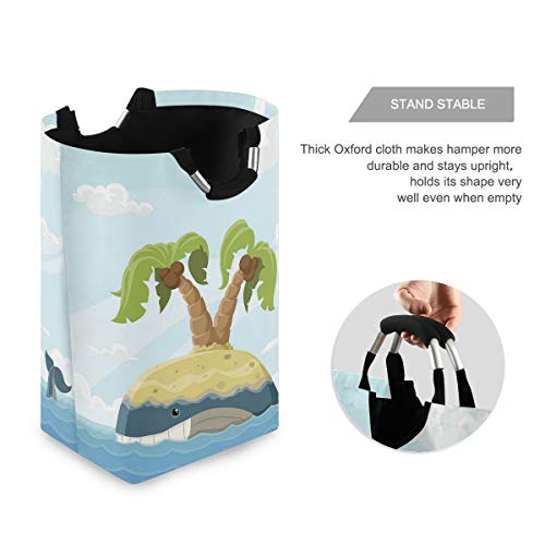 COFEIYISI Cesto para la Colada,Ballena de Dibujos Animados con Isla de Espaldas Palmeras Nubes Sala de Juegos para niños vivero,Plegable Cestas Bolsas Almacenamiento