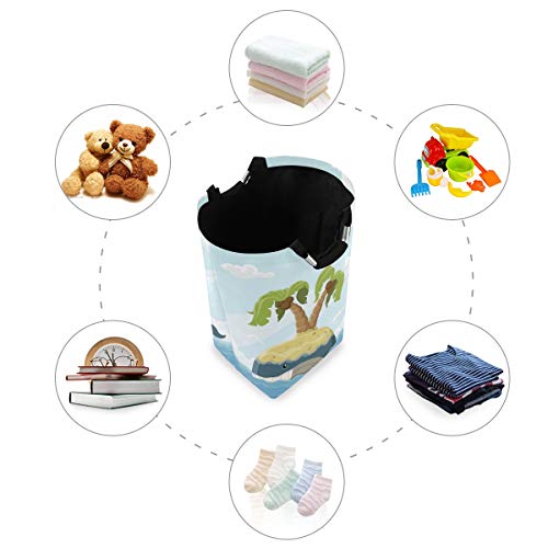 COFEIYISI Cesto para la Colada,Ballena de Dibujos Animados con Isla de Espaldas Palmeras Nubes Sala de Juegos para niños vivero,Plegable Cestas Bolsas Almacenamiento