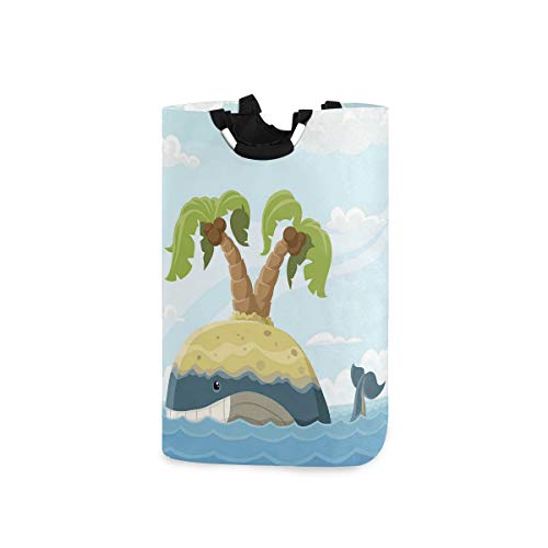 COFEIYISI Cesto para la Colada,Ballena de Dibujos Animados con Isla de Espaldas Palmeras Nubes Sala de Juegos para niños vivero,Plegable Cestas Bolsas Almacenamiento