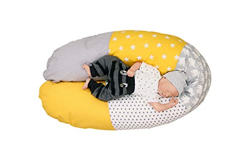Cojín de lactancia de ULLENBOOM ® elefantes amarillo (190 x 38 cm; relleno: bolitas de fibra silenciosas; sirve también de cojín de apoyo, almohada para embarazadas, para dormir de lado)
