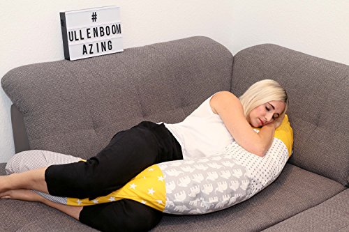 Cojín de lactancia de ULLENBOOM ® elefantes amarillo (190 x 38 cm; relleno: bolitas de fibra silenciosas; sirve también de cojín de apoyo, almohada para embarazadas, para dormir de lado)