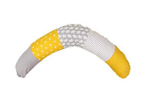 Cojín de lactancia de ULLENBOOM ® elefantes amarillo (190 x 38 cm; relleno: bolitas de fibra silenciosas; sirve también de cojín de apoyo, almohada para embarazadas, para dormir de lado)