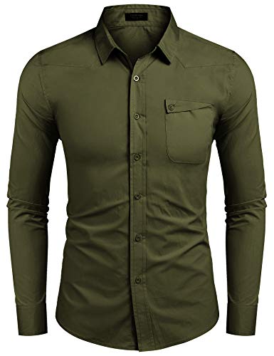 COOFANDY Camisa de hombre para ocio, corte regular, manga larga, algodón, botones Verde militar. S