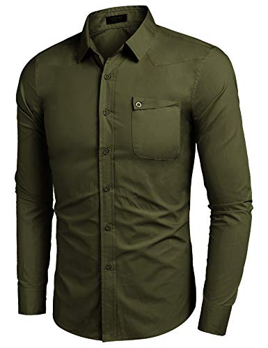 COOFANDY Camisa de hombre para ocio, corte regular, manga larga, algodón, botones Verde militar. S