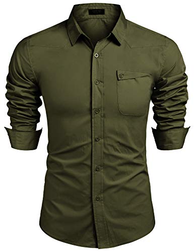 COOFANDY Camisa de hombre para ocio, corte regular, manga larga, algodón, botones Verde militar. S
