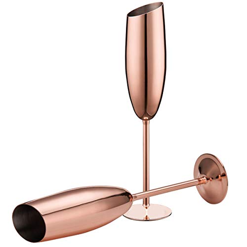Copa de champán biselada de Acero Inoxidable, Cuenco Inclinado de 200 ml, Copa de Vino Tinto de Tallo Largo, Juego de 2 Copas de cóctel para Fiestas, Aniversario, Bodas (Rose Gold)