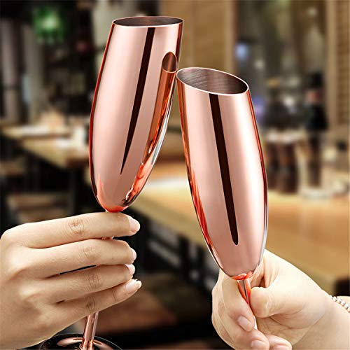 Copa de champán biselada de Acero Inoxidable, Cuenco Inclinado de 200 ml, Copa de Vino Tinto de Tallo Largo, Juego de 2 Copas de cóctel para Fiestas, Aniversario, Bodas (Rose Gold)
