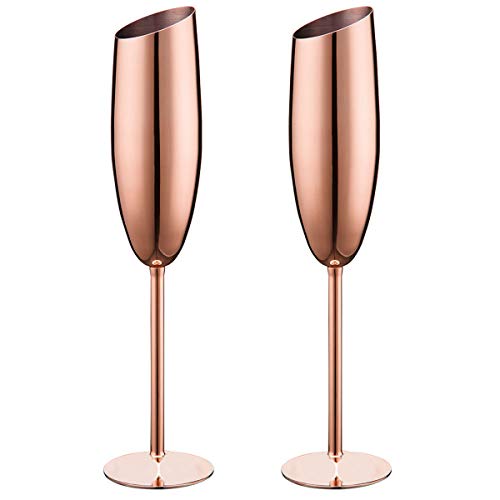 Copa de champán biselada de Acero Inoxidable, Cuenco Inclinado de 200 ml, Copa de Vino Tinto de Tallo Largo, Juego de 2 Copas de cóctel para Fiestas, Aniversario, Bodas (Rose Gold)