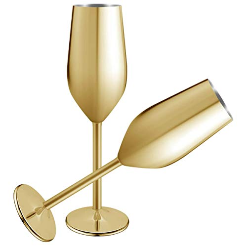 Copa de champán de Acero Inoxidable, Copas de Vino Tinto inastillables de 200 ml, Juego de 2 Copas de cóctel para Bodas, Fiestas y Aniversarios (Gold)
