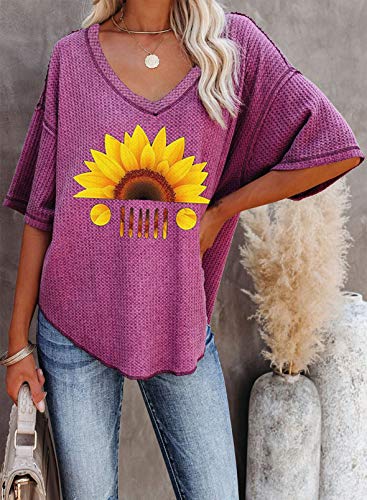 CORAFRITZ Blusa Informal de Verano para Mujer Camisa de Manga 3/4 con Cuello en V Camiseta Holgada con Estampado de Girasol