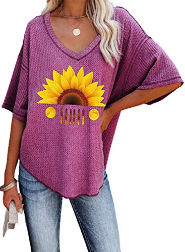 CORAFRITZ Blusa Informal de Verano para Mujer Camisa de Manga 3/4 con Cuello en V Camiseta Holgada con Estampado de Girasol