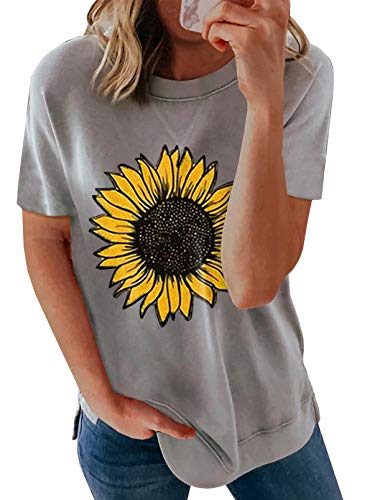 CORAFRITZ, Camiseta de Manga Corta para Mujer, Blusa Informal de Verano con Girasol, Camiseta Holgada con Cuello Redondo