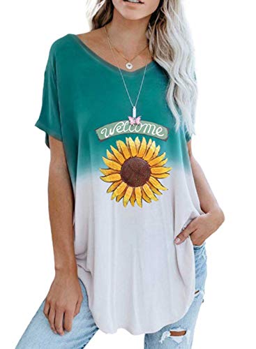 CORAFRITZ Camisetas con Cuello en V para Mujer Camisetas de Manga Corta con Estampado Floral Blusa Suelta de Verano Túnica