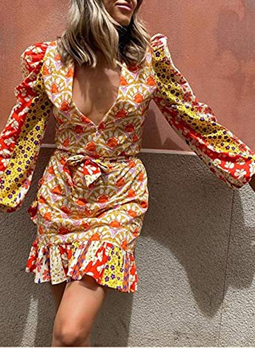 CORAFRITZ Mini vestido de moda sexy con cuello en V de manga larga con cordones y vestidos de estilo japonés con cremallera y volantes