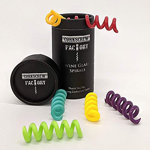 Corkscrew Factory Marcadores de copa de vino en espiral, marcadores de copas de vino y cóctel de silicona, lavable, en 6 colores brillantes, etiquetas de cristal