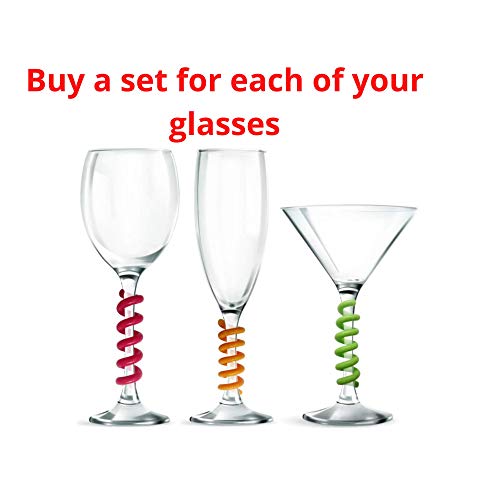 Corkscrew Factory Marcadores de copa de vino en espiral, marcadores de copas de vino y cóctel de silicona, lavable, en 6 colores brillantes, etiquetas de cristal