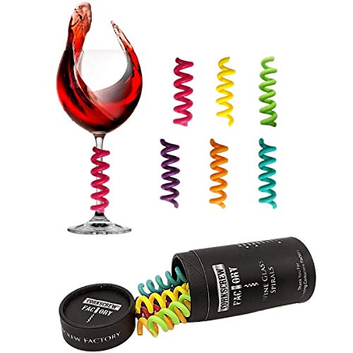 Corkscrew Factory Marcadores de copa de vino en espiral, marcadores de copas de vino y cóctel de silicona, lavable, en 6 colores brillantes, etiquetas de cristal