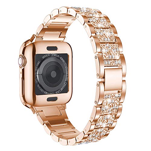 Correa compatible con Apple Watch Correa de pulsera de metal de repuesto con diamantes de imitación, correa de pulsera de metal para joyería con estuche, para mujeres y hombres,Champagne gold,44mm