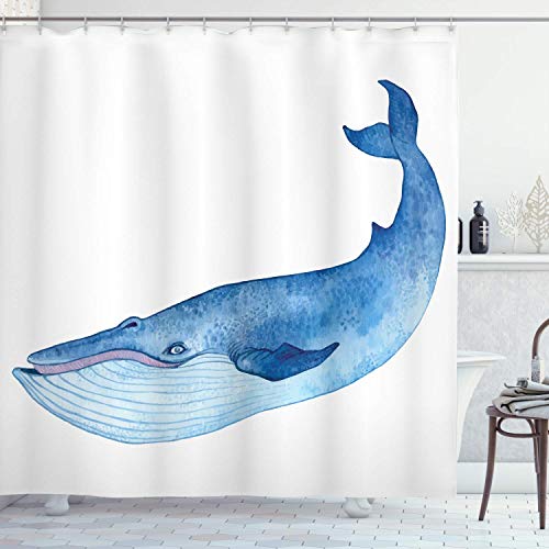 Cortina de Ducha de Ballenas Water Colo H Estilo de Dibujo Ballena Gigante Dibujo Arte Pintura Imagen Tela Tela Baño Decoración Set con Ganchos