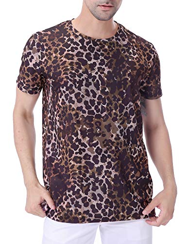 COSAVOROCK Camiseta de Estampado Hombre Leopardo Camuflaje de Manga Corta (XL, Marrón)