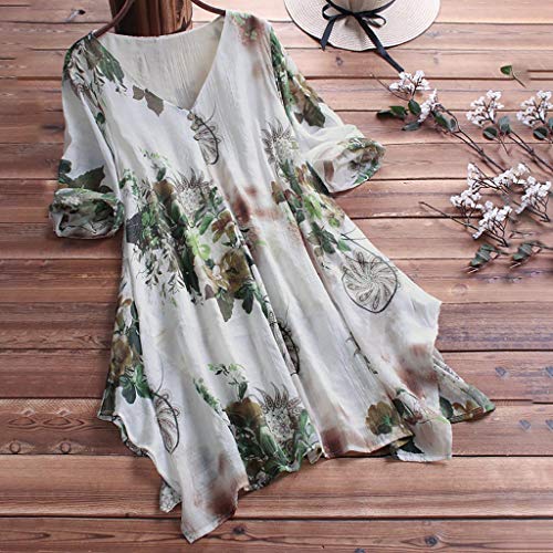 COZOCO Camiseta con Estampado Floral Vintage con Cuello En V Irregular Dobladillo 3/16 Camiseta De Manga Top