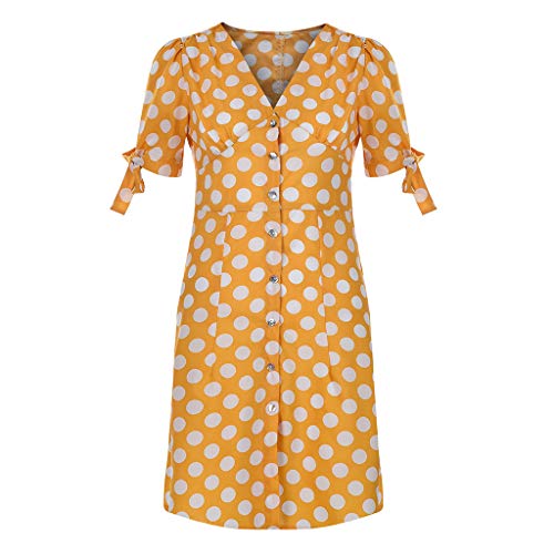 COZOCO Vestido de Mujer Elegante Casual Playa Vestido Bohemio de Lunares con Cuello en V Escote de Manga Corta Cóctel Vestido de Cóctel Corto Retro（Amarillo，L）