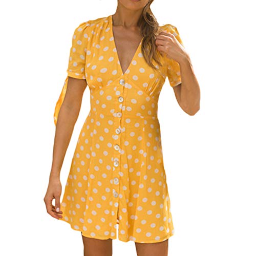 COZOCO Vestido de Mujer Elegante Casual Playa Vestido Bohemio de Lunares con Cuello en V Escote de Manga Corta Cóctel Vestido de Cóctel Corto Retro（Amarillo，L）
