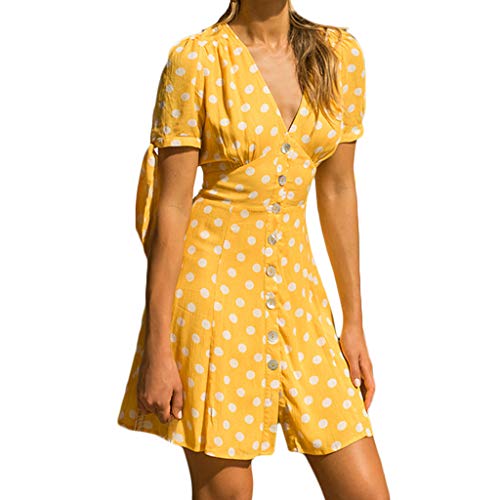 COZOCO Vestido de Mujer Elegante Casual Playa Vestido Bohemio de Lunares con Cuello en V Escote de Manga Corta Cóctel Vestido de Cóctel Corto Retro（Amarillo，L）