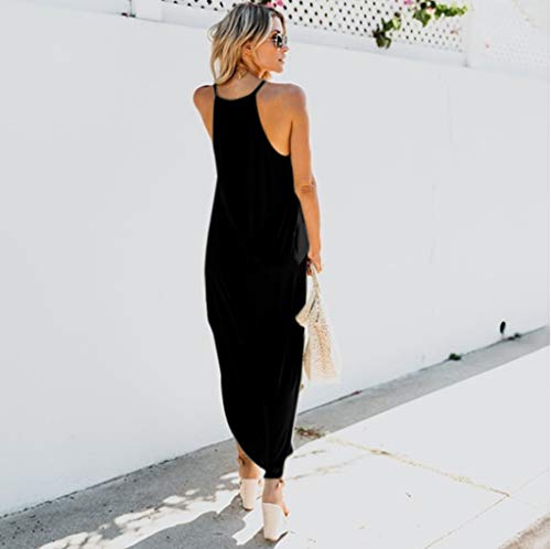 COZOCO Vestido Largo para Damas Fiesta de Noche Ropa de Algodón Informal Vestido Sexy y Elegante sin Mangas de Verano y con Eslinga de Color Sólido（Negro，S）