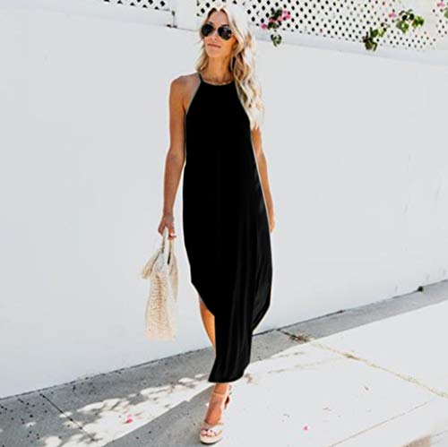 COZOCO Vestido Largo para Damas Fiesta de Noche Ropa de Algodón Informal Vestido Sexy y Elegante sin Mangas de Verano y con Eslinga de Color Sólido（Negro，S）