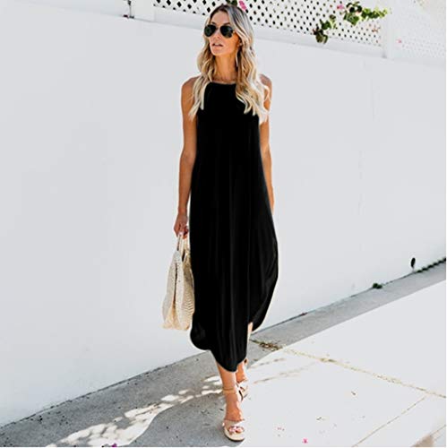COZOCO Vestido Largo para Damas Fiesta de Noche Ropa de Algodón Informal Vestido Sexy y Elegante sin Mangas de Verano y con Eslinga de Color Sólido（Negro，S）
