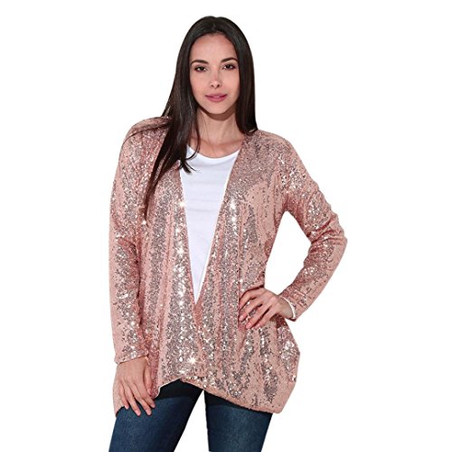 DEELIN Blusa De Camisa De Rebeca Irregular De Lentejuelas De Color SóLido De Manga Larga para Mujer (XL, Rosado)