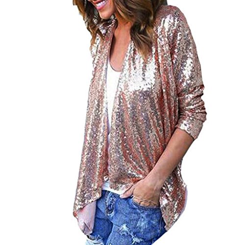 DEELIN Blusa De Camisa De Rebeca Irregular De Lentejuelas De Color SóLido De Manga Larga para Mujer (XL, Rosado)