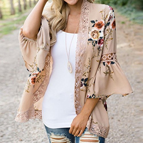 DEELIN Chaqueta De La Chaqueta del Kimono De La Chaqueta Floja De La Tarjeta De La Flor De La Moda De Las Mujeres Ocasionales Florales De La Chaqueta (XXXL, Caqui)