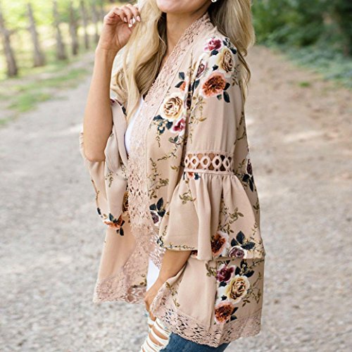 DEELIN Chaqueta De La Chaqueta del Kimono De La Chaqueta Floja De La Tarjeta De La Flor De La Moda De Las Mujeres Ocasionales Florales De La Chaqueta (XXXL, Caqui)