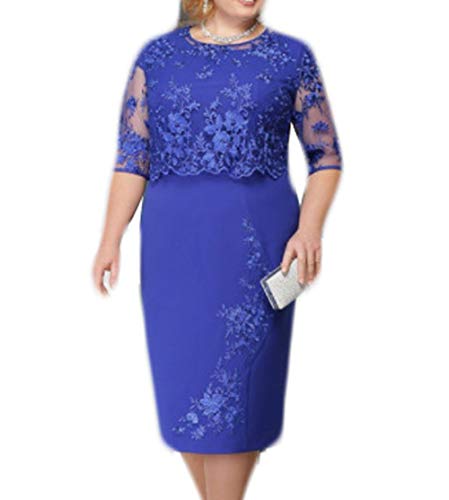 DELEY Elegante Encaje de Las Mujeres de Manga Corta Midi Vestido de Cóctel Señoras Más Tamaño Bodycon Vestido de Lápiz Azul Talla 4XL