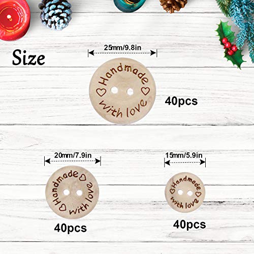 Disino 120 Piezas Botones De Madera Handmade with Love Botones Redondos con 2 Agujeros para DIY Arte Coser Ropa Zapatos Sombreros Niños y Adultos 15mm + 20mm + 25mm