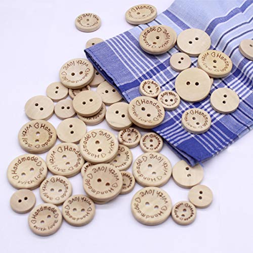 Disino 120 Piezas Botones De Madera Handmade with Love Botones Redondos con 2 Agujeros para DIY Arte Coser Ropa Zapatos Sombreros Niños y Adultos 15mm + 20mm + 25mm