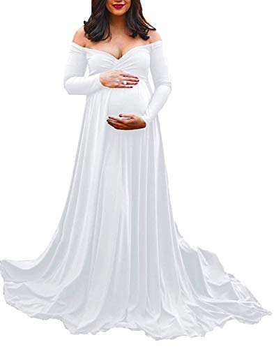 DISON Premamá Vestido de Fiesta Manga Larga,Maxi Faldas Fotográficas de Maternidad para Mujer,Casual Embarazada Foto Shoot Dress Blanco L
