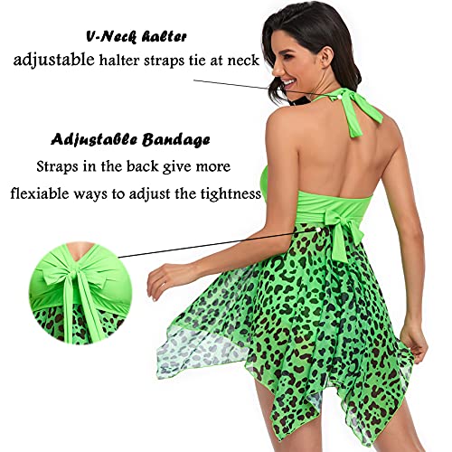 Donpapa Mujer Traje de Baño Tankinis Hálter Falda Push Up Bikini Conjunto de Malla Playa Ropa de Baño de Cintura Alta(Leopardo Verde S)